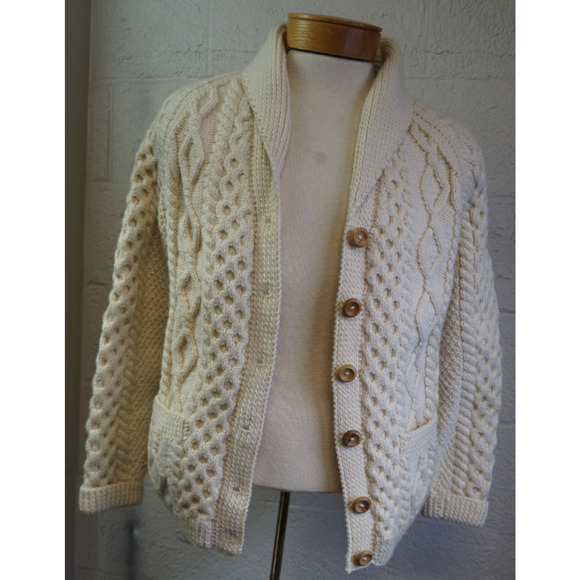 Inverallan Hand Knitted Shawl Collar Cardigan Ivory Pure New Wool Cable Pockets - Picture 1 of 10